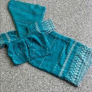 Teal Embroidered Traditional Sari